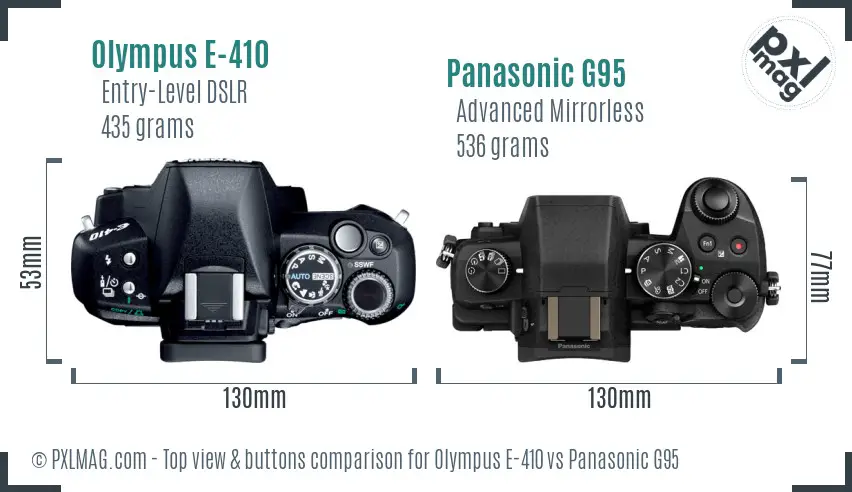 Olympus E-410 vs Panasonic G95 top view buttons comparison