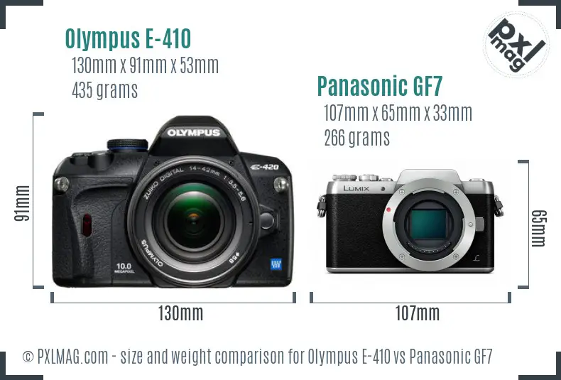 Olympus E-410 vs Panasonic GF7 size comparison