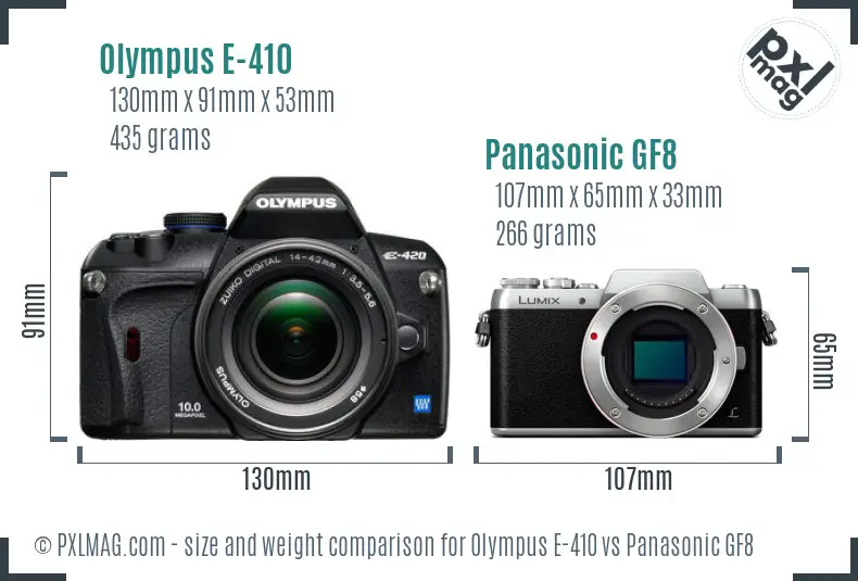 Olympus E-410 vs Panasonic GF8 size comparison Olympus E-410 vs Panasonic GF8 size comparison