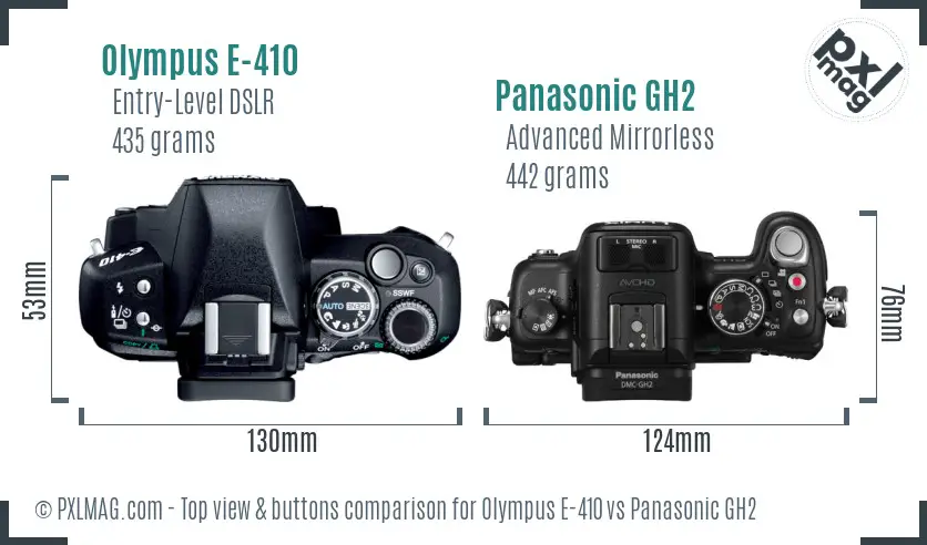 Olympus E-410 vs Panasonic GH2 top view buttons comparison