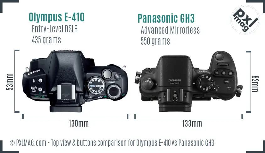 Olympus E-410 vs Panasonic GH3 top view buttons comparison