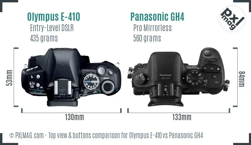 Olympus E-410 vs Panasonic GH4 top view buttons comparison
