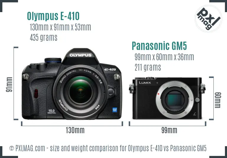 Olympus E-410 vs Panasonic GM5 size comparison