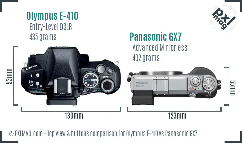 Olympus E-410 vs Panasonic GX7 top view buttons comparison