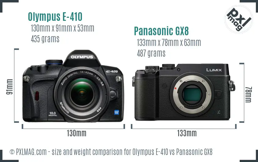 Olympus E-410 vs Panasonic GX8 size comparison