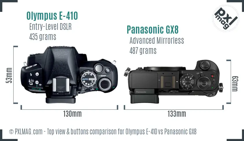 Olympus E-410 vs Panasonic GX8 top view buttons comparison