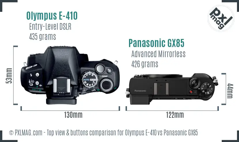 Olympus E-410 vs Panasonic GX85 top view buttons comparison