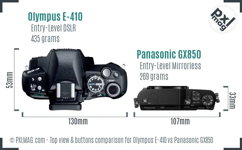 Olympus E-410 vs Panasonic GX850 top view buttons comparison
