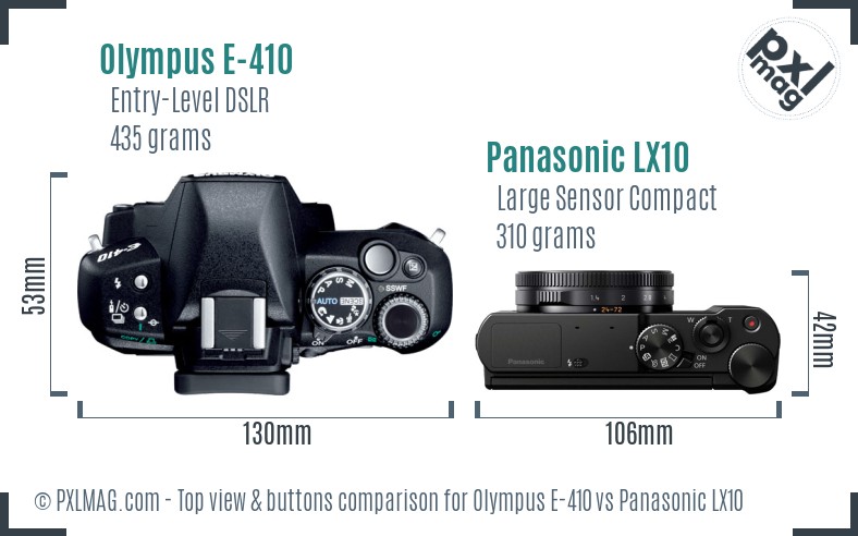 Olympus E-410 vs Panasonic LX10 top view buttons comparison