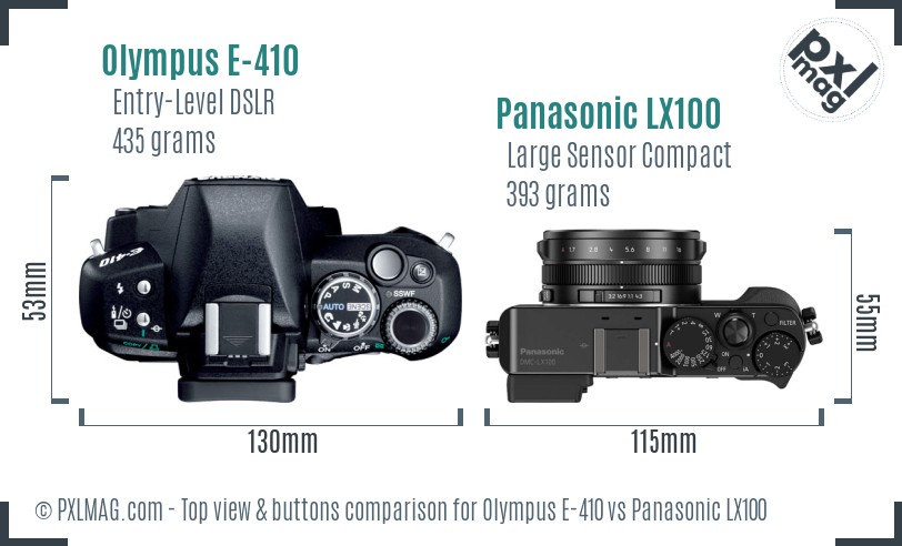 Olympus E-410 vs Panasonic LX100 top view buttons comparison