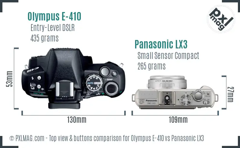 Olympus E-410 vs Panasonic LX3 top view buttons comparison