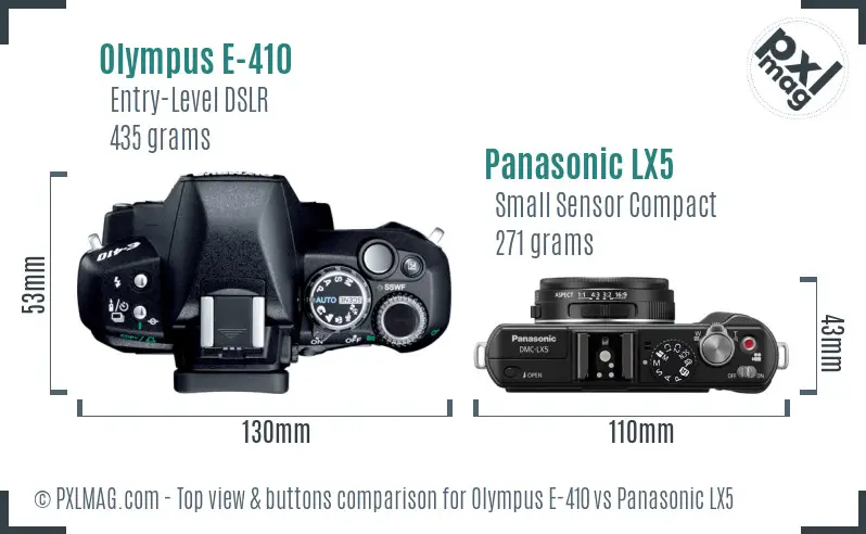 Olympus E-410 vs Panasonic LX5 top view buttons comparison