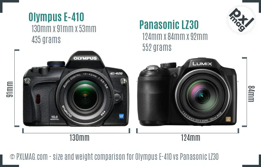 Olympus E-410 vs Panasonic LZ30 size comparison Olympus E-410 vs Panasonic LZ30 size comparison