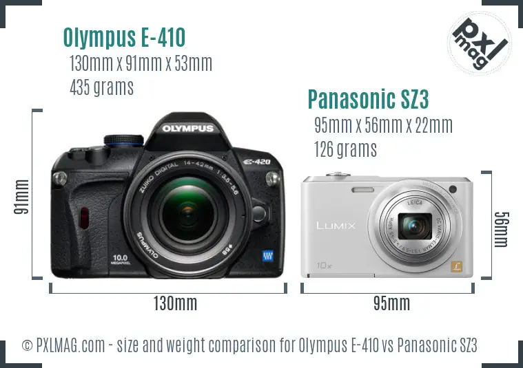 Olympus E-410 vs Panasonic SZ3 size comparison