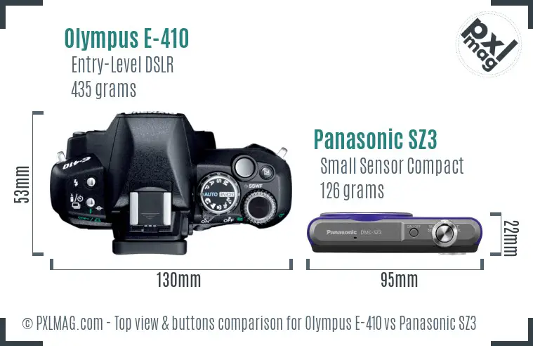 Olympus E-410 vs Panasonic SZ3 top view buttons comparison