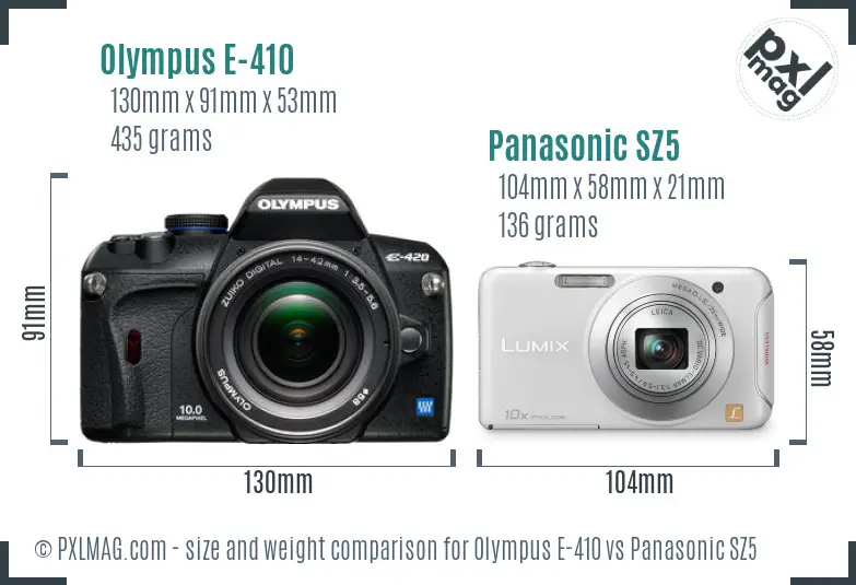 Olympus E-410 vs Panasonic SZ5 size comparison Olympus E-410 vs Panasonic SZ5 size comparison