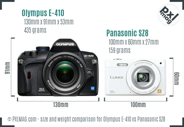 Olympus E-410 vs Panasonic SZ8 size comparison