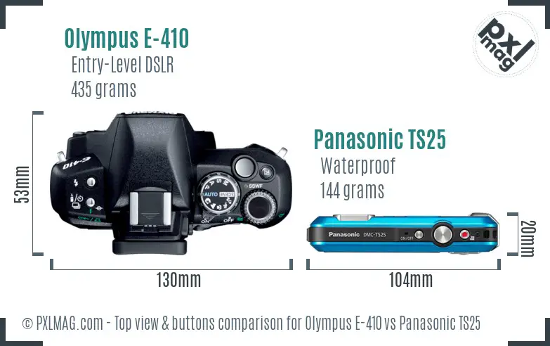 Olympus E-410 vs Panasonic TS25 top view buttons comparison