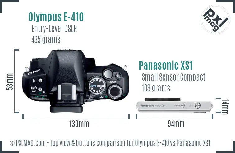 Olympus E-410 vs Panasonic XS1 top view buttons comparison