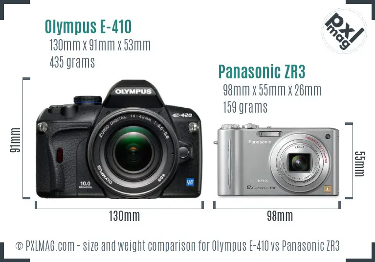 Olympus E-410 vs Panasonic ZR3 size comparison