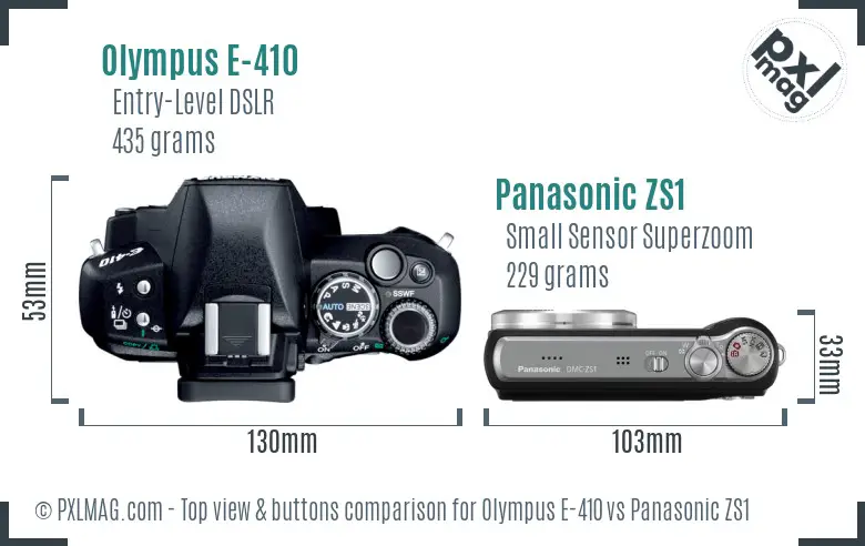 Olympus E-410 vs Panasonic ZS1 top view buttons comparison