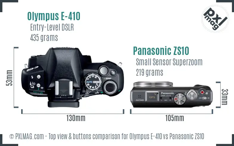 Olympus E-410 vs Panasonic ZS10 top view buttons comparison