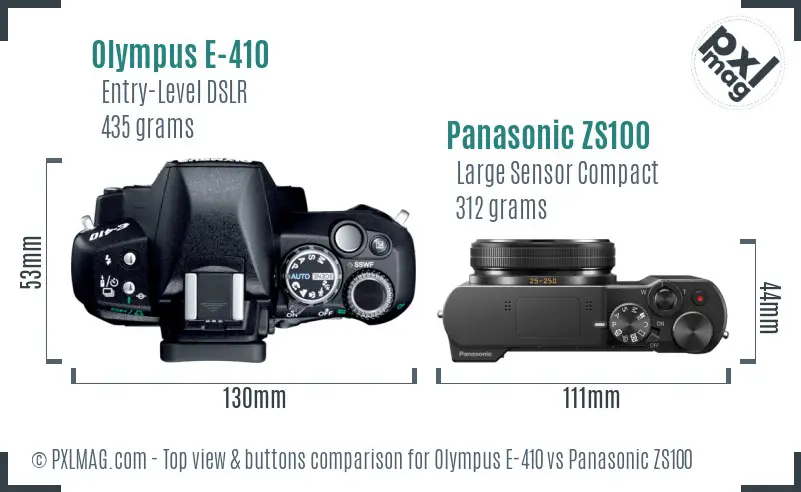 Olympus E-410 vs Panasonic ZS100 top view buttons comparison
