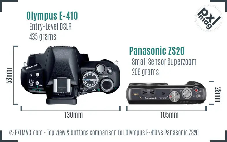 Olympus E-410 vs Panasonic ZS20 top view buttons comparison
