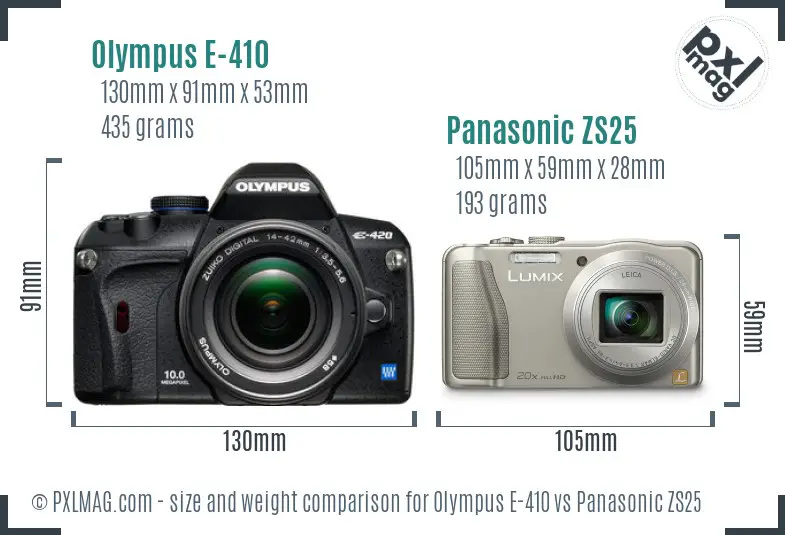 Olympus E-410 vs Panasonic ZS25 size comparison