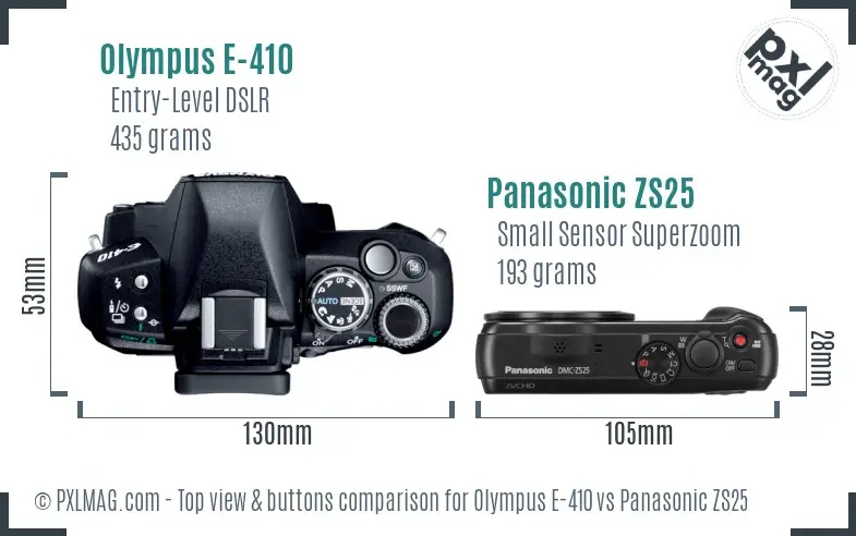 Olympus E-410 vs Panasonic ZS25 top view buttons comparison