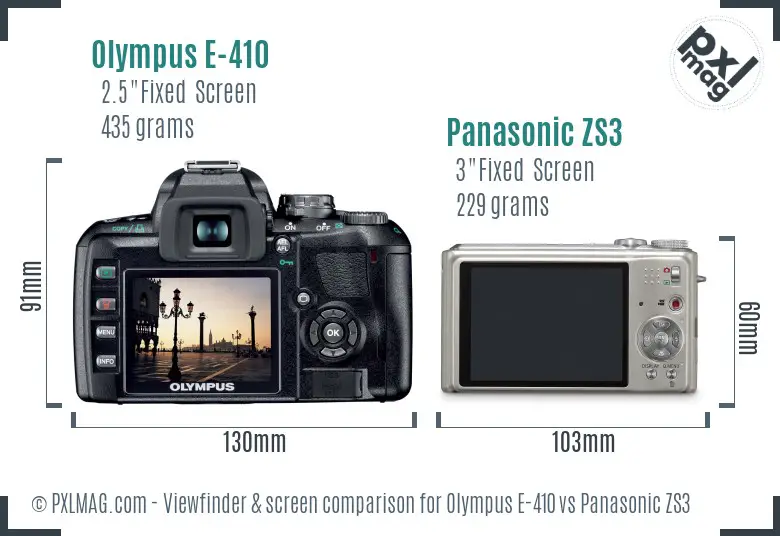 Olympus E-410 vs Panasonic ZS3 Screen and Viewfinder comparison
