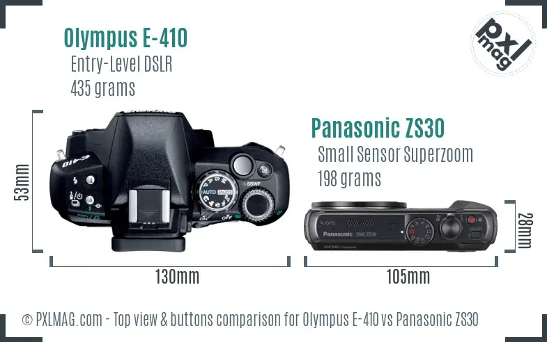 Olympus E-410 vs Panasonic ZS30 top view buttons comparison