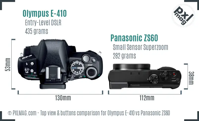 Olympus E-410 vs Panasonic ZS60 top view buttons comparison