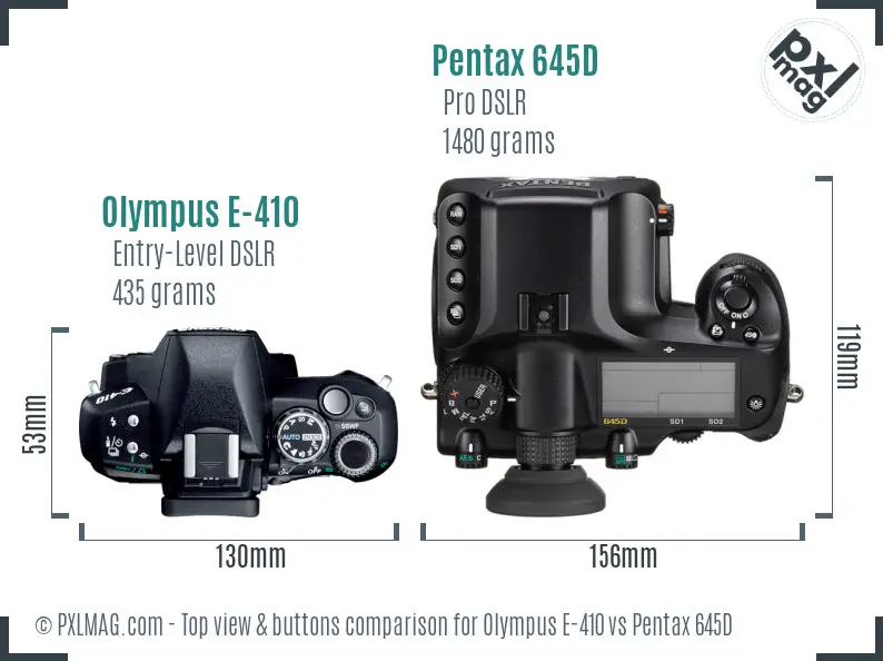 Olympus E-410 vs Pentax 645D top view buttons comparison