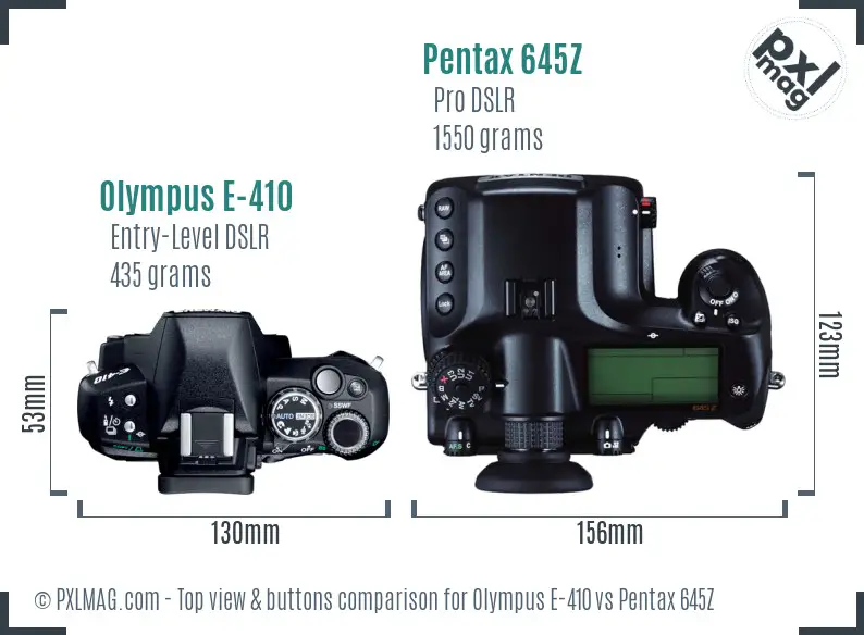 Olympus E-410 vs Pentax 645Z top view buttons comparison