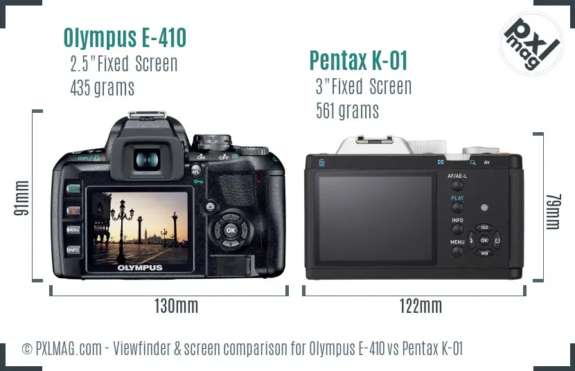 Olympus E-410 vs Pentax K-01 Screen and Viewfinder comparison
