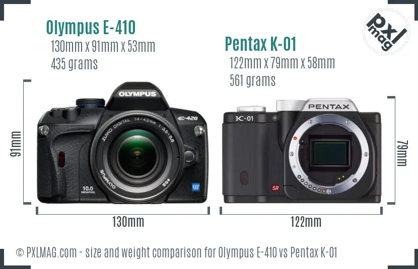 Olympus E-410 vs Pentax K-01 size comparison