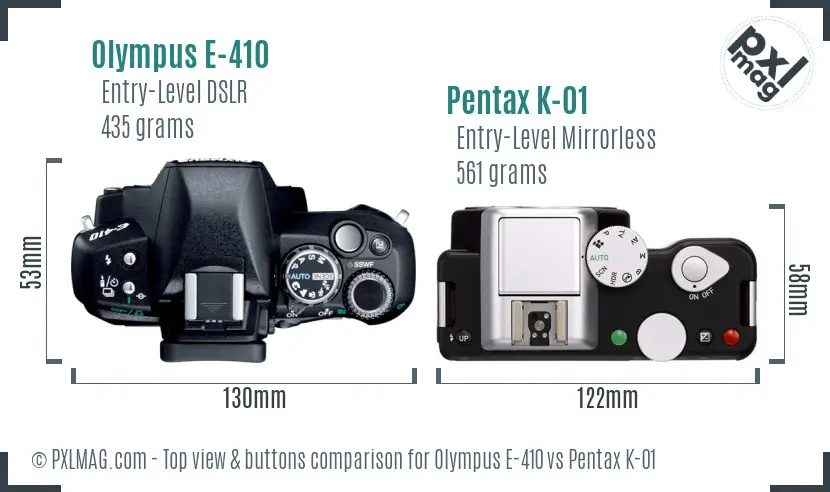 Olympus E-410 vs Pentax K-01 top view buttons comparison