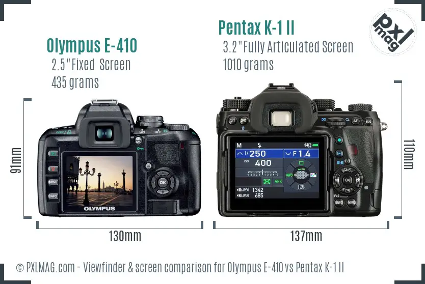 Olympus E-410 vs Pentax K-1 II Screen and Viewfinder comparison
