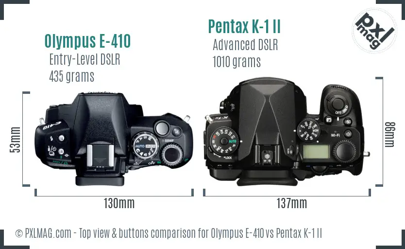 Olympus E-410 vs Pentax K-1 II top view buttons comparison