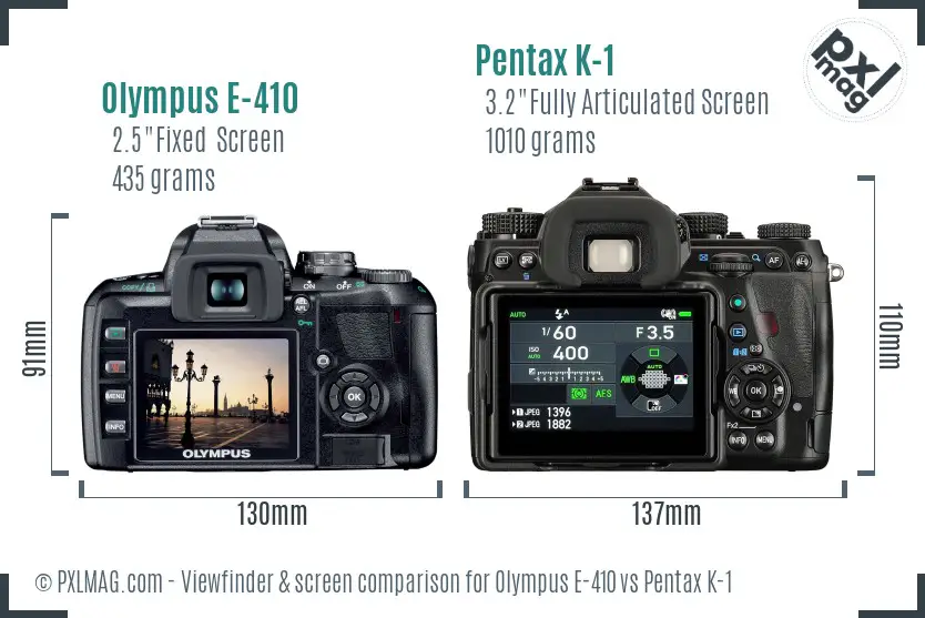 Olympus E-410 vs Pentax K-1 Screen and Viewfinder comparison