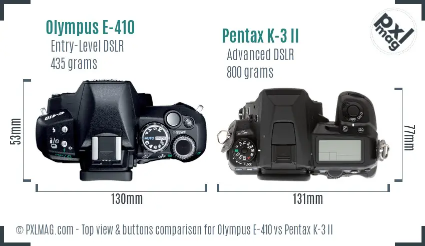 Olympus E-410 vs Pentax K-3 II top view buttons comparison