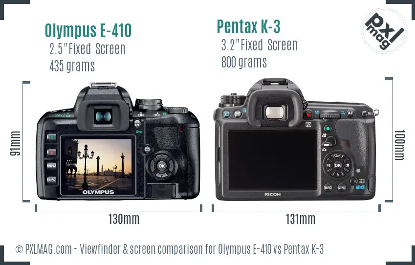 Olympus E-410 vs Pentax K-3 Screen and Viewfinder comparison