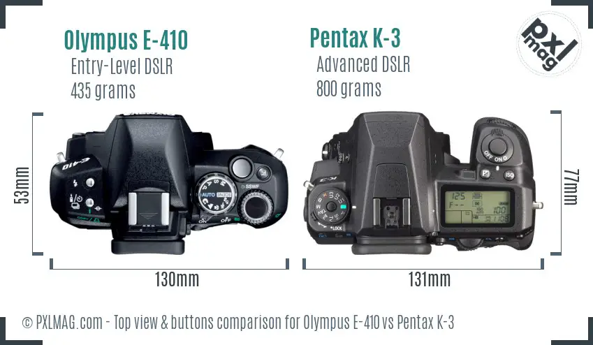 Olympus E-410 vs Pentax K-3 top view buttons comparison