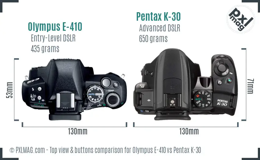 Olympus E-410 vs Pentax K-30 top view buttons comparison