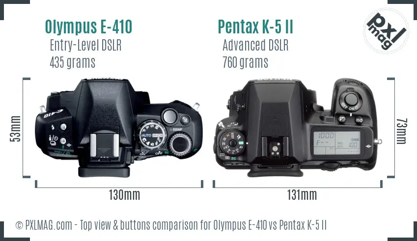 Olympus E-410 vs Pentax K-5 II top view buttons comparison