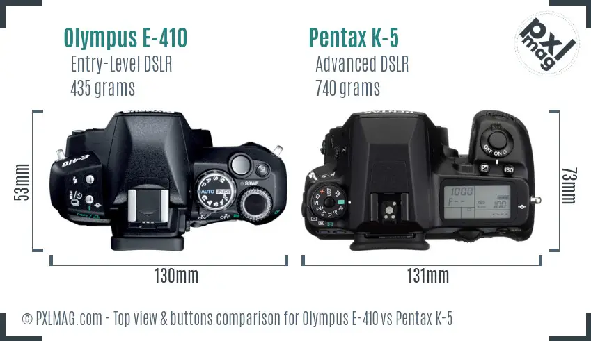 Olympus E-410 vs Pentax K-5 top view buttons comparison
