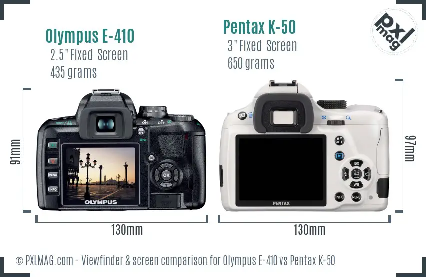 Olympus E-410 vs Pentax K-50 Screen and Viewfinder comparison