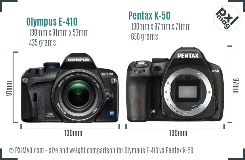 Olympus E-410 vs Pentax K-50 size comparison