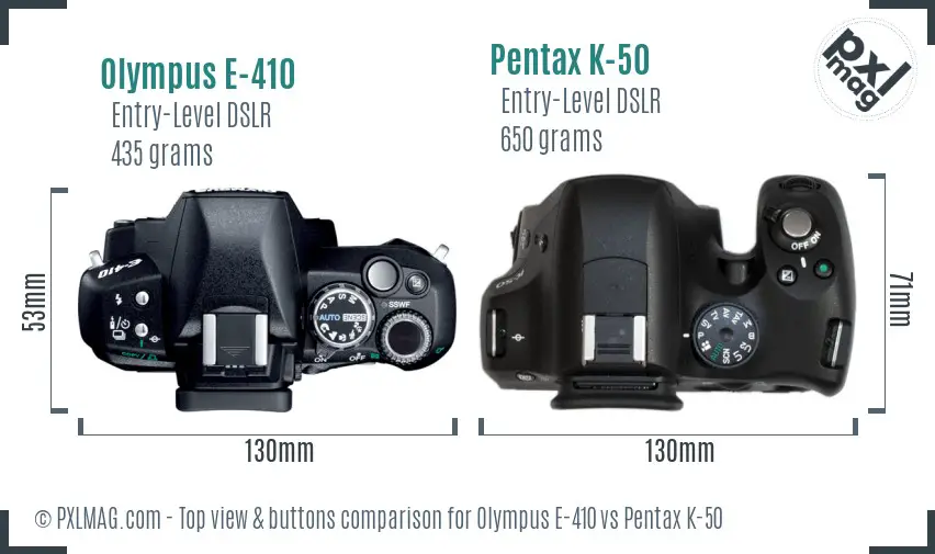 Olympus E-410 vs Pentax K-50 top view buttons comparison